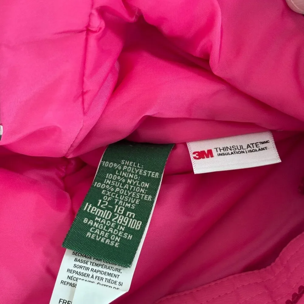 L.L. Bean Baby 12-18M Cold Buster Thinsulate Pink Snowsuit Grow Cuffs Winter